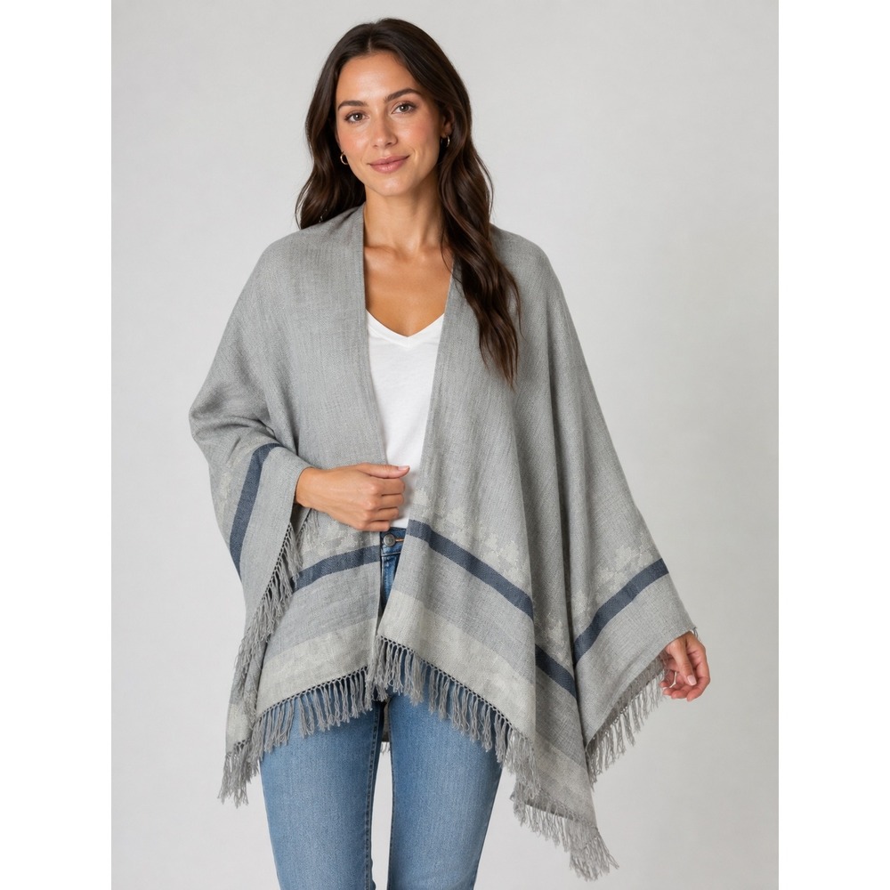Noonday Collection Wrap Women OS Grey Wool Blend Fringe Geometric Poncho Ruana